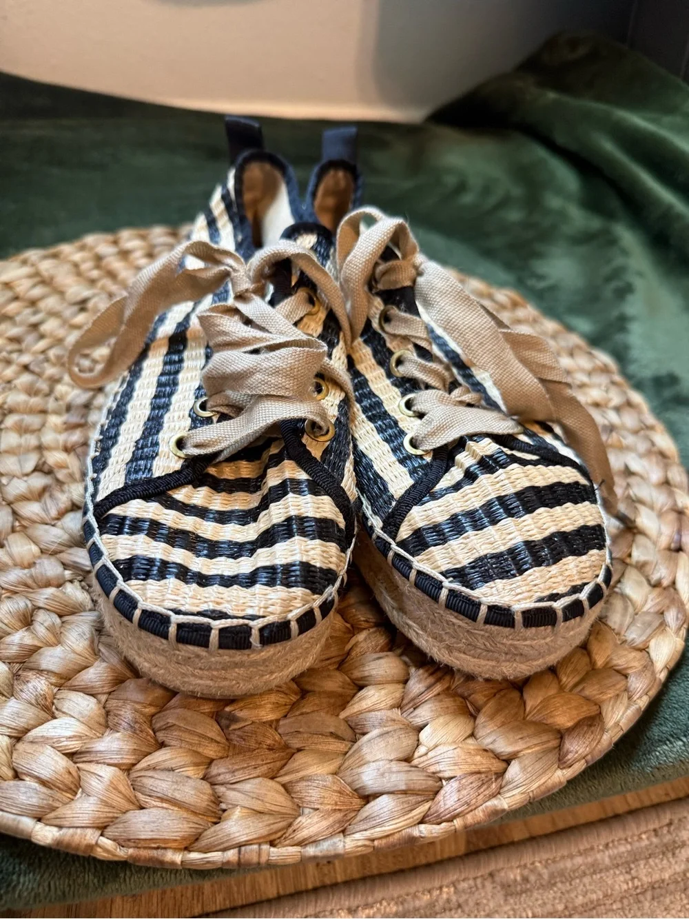 Sam Edelman Black and Natural Striped Espadrille Lace-Up Sneakers
